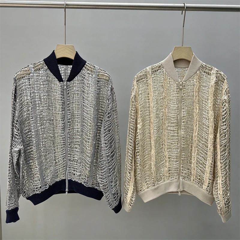 2026 Summer New Baseball Collar Sequined Mesh Long-Sleeve Jacket High-Quality FashionableCasual Linen Knit Loose Zip-Up Cardigan