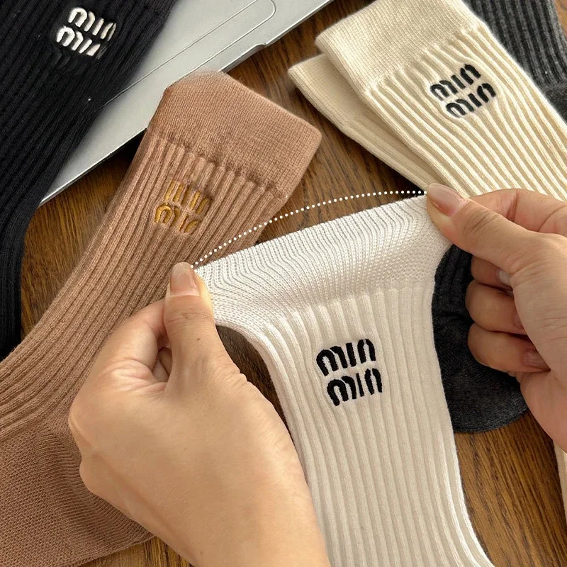 Stockings Socks Embroidered Letter Women\'s High Barrel Striped Double Needle Stacked Socks Birthday Gift