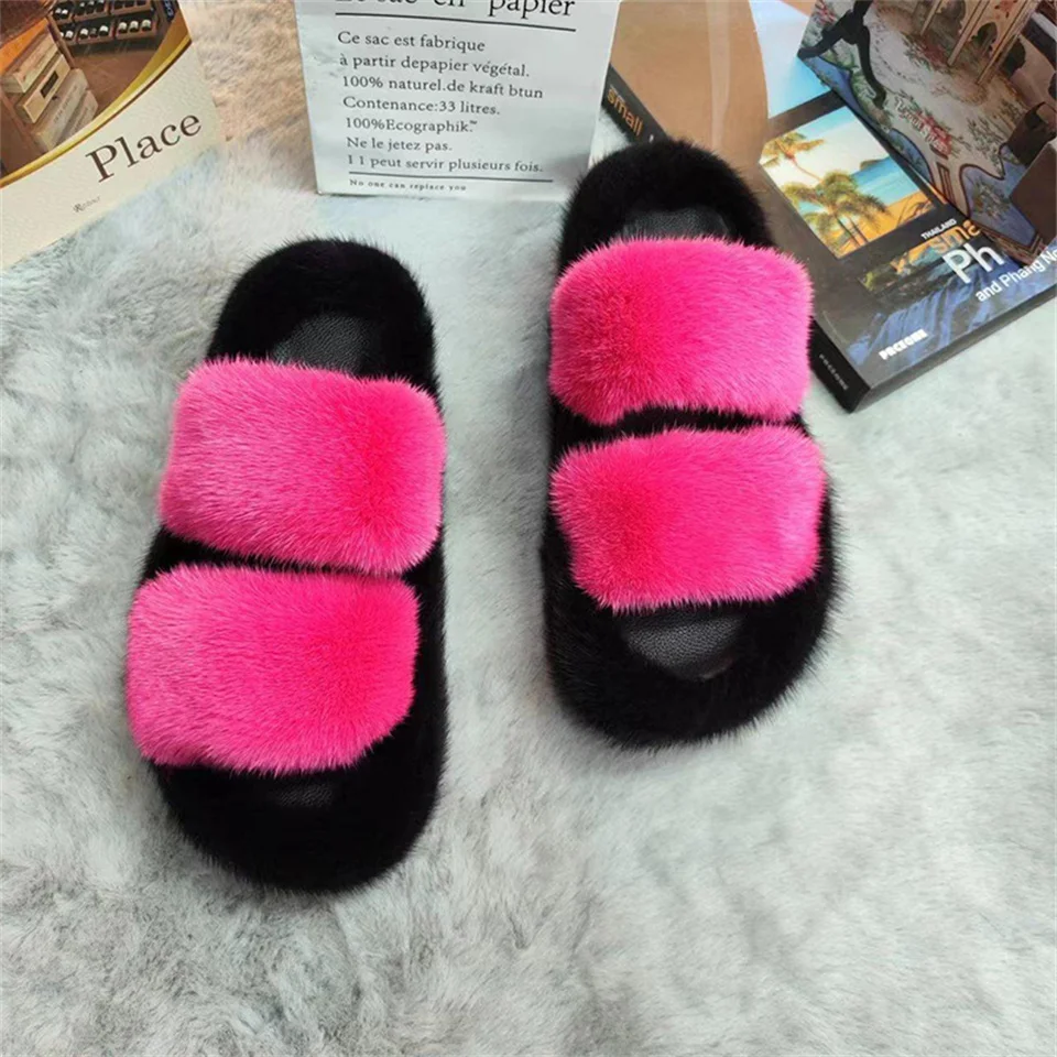 Fashion Mink Fur Slippers Designer Shoes Slippers For Women Outdoor 2024 New Autumn All-Match Korean Cute Fluffy Mink Slippers