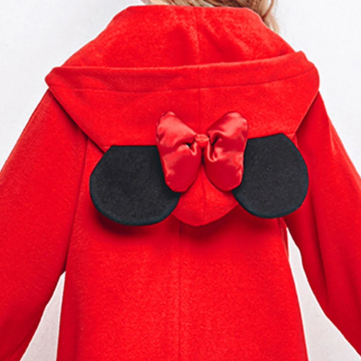 Disney Autumn and Winter Girls\' New Minnie Cute Long Fleece Coat with Bow Minnie Print Windproof and Warm Hooded Coat