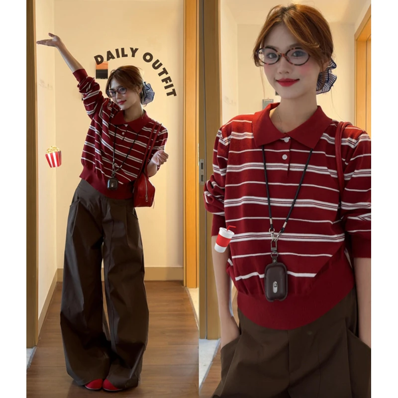 

2026 Spring Autumn Korean Striped Knitwear Women's Lazy Striped Sweater Cardigan Elegantly Designed Top for Casual Wear