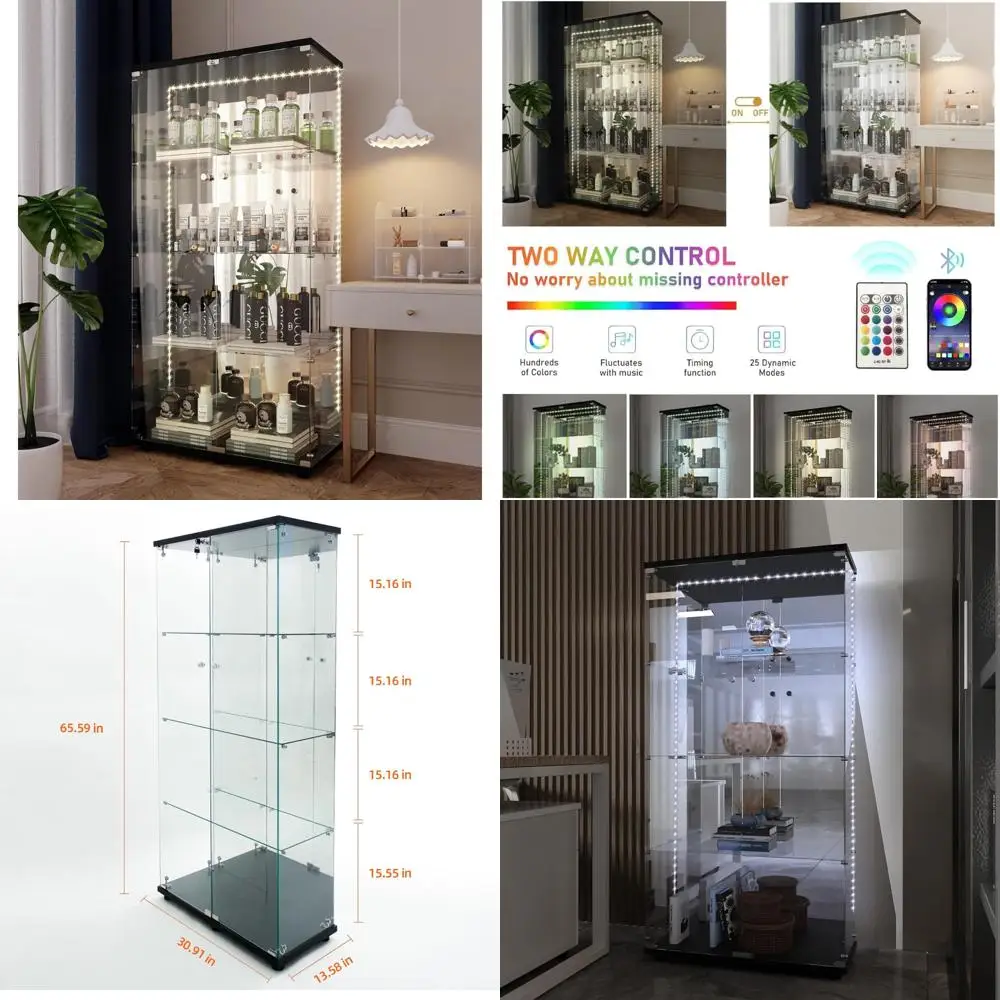 

Illuminated 4-Tier Glass Display Cabinet with Mirrored Back and Lockable Doors for Collectibles