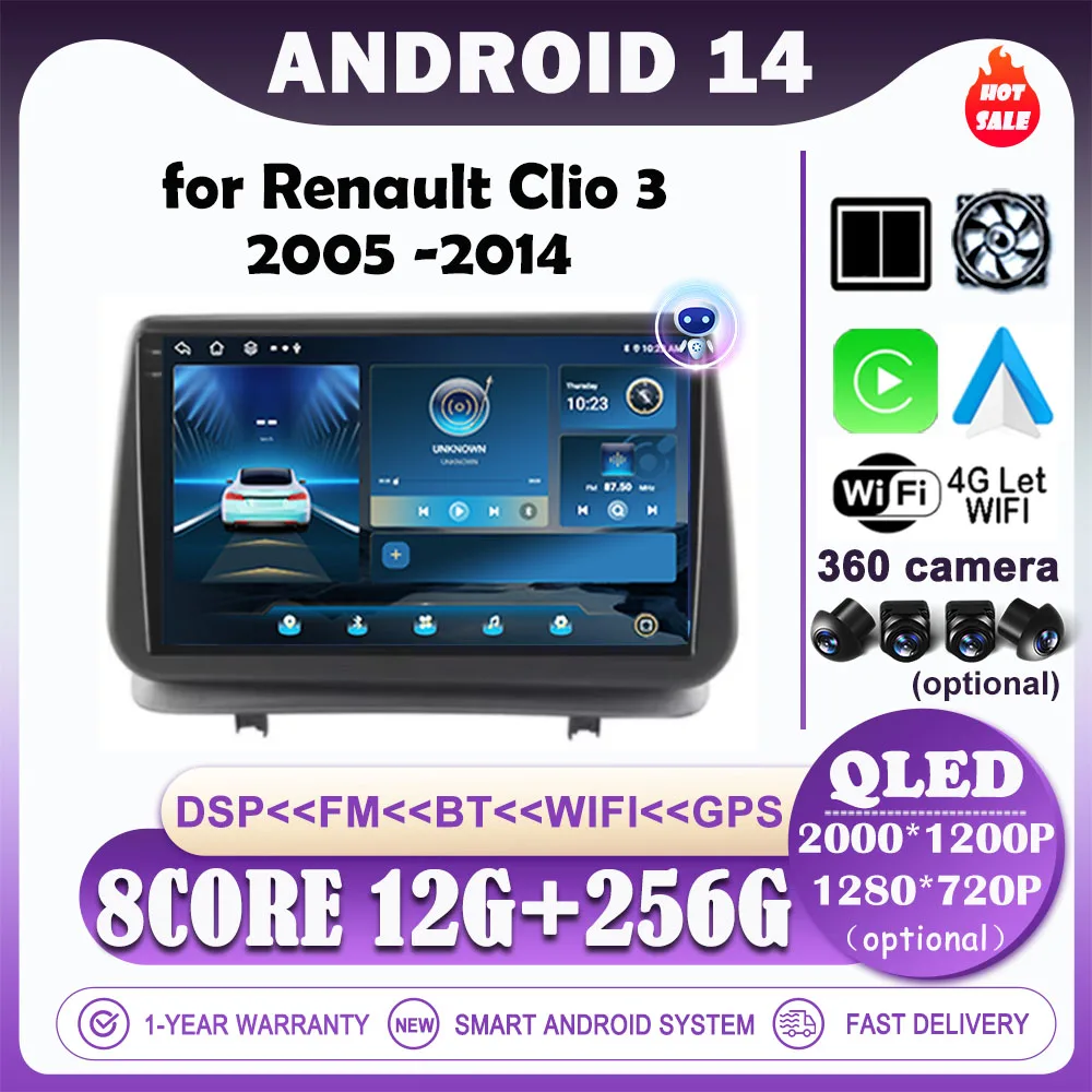 

Carplay For Renault Clio 3 2005 - 2014 Android 14 Car Multimedia Video Player WIFI QLED Screen Radio Stereo GPS Navigation DSP