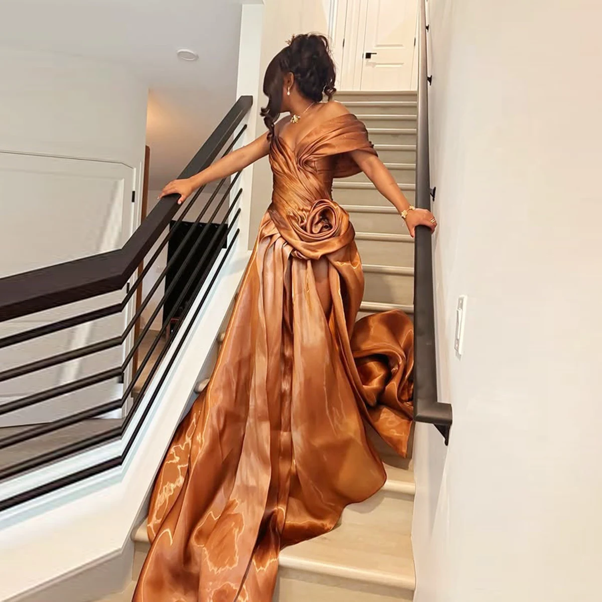 Sexy Off The Shoulder Ruched Satin Prom Dress Brown Satin Ruched High Split Evening  Gowns Sweep Train Formal Party Dress