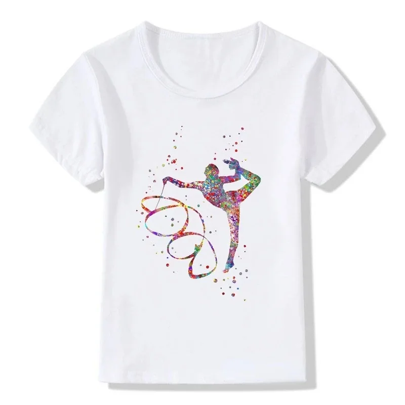 Children\'s Fashion Design Ballet Print Children\'s Short Sleeve T-shirt Girls\' White Base Shirt Girls Boys Clothes
