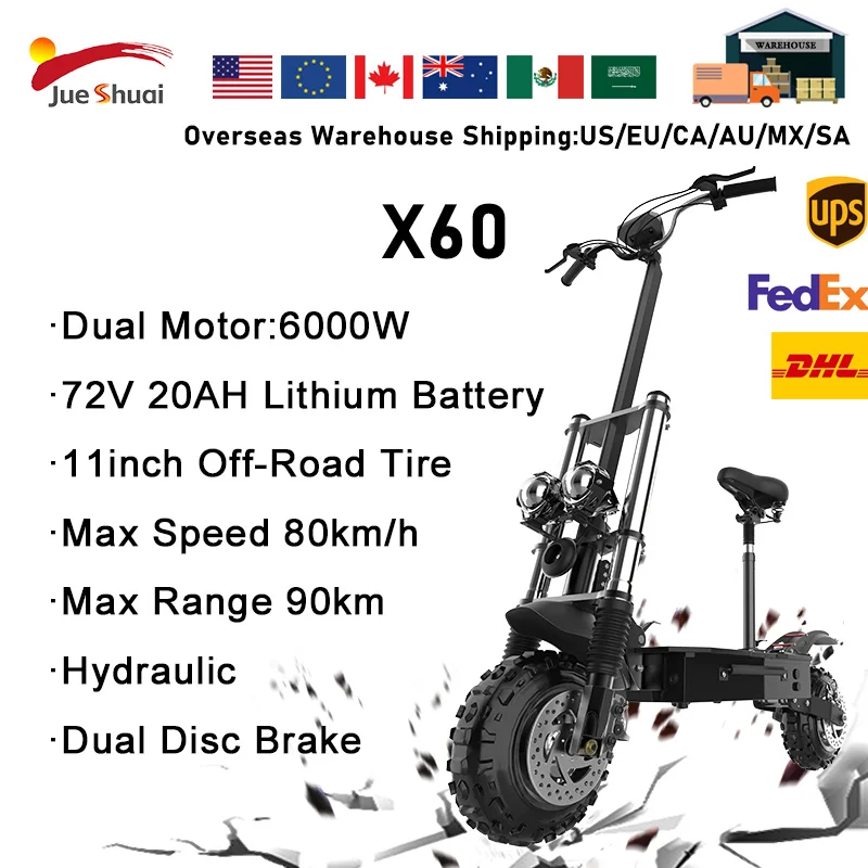 

72V 6000W Electric Scooter Up to 80km/h Fast Speed 11 inch Off Road Tire E Scooter for Adults with Detachable Seat