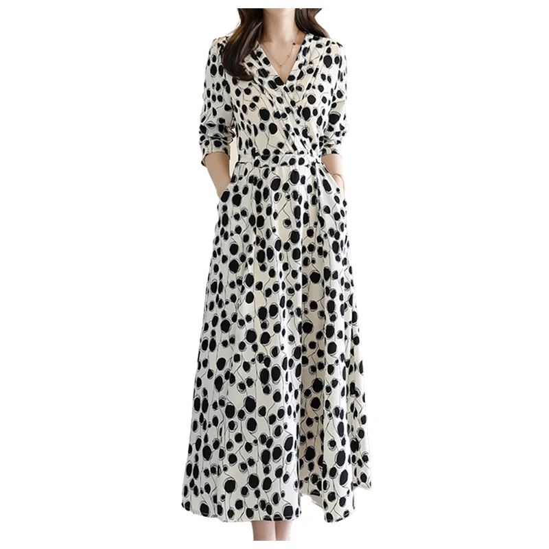 Damen Vintage Dot Floral Print Maxi kleid, Boho langes Kleid, V-Kragen, lässige Hemd kleider, Frühling, Sommer