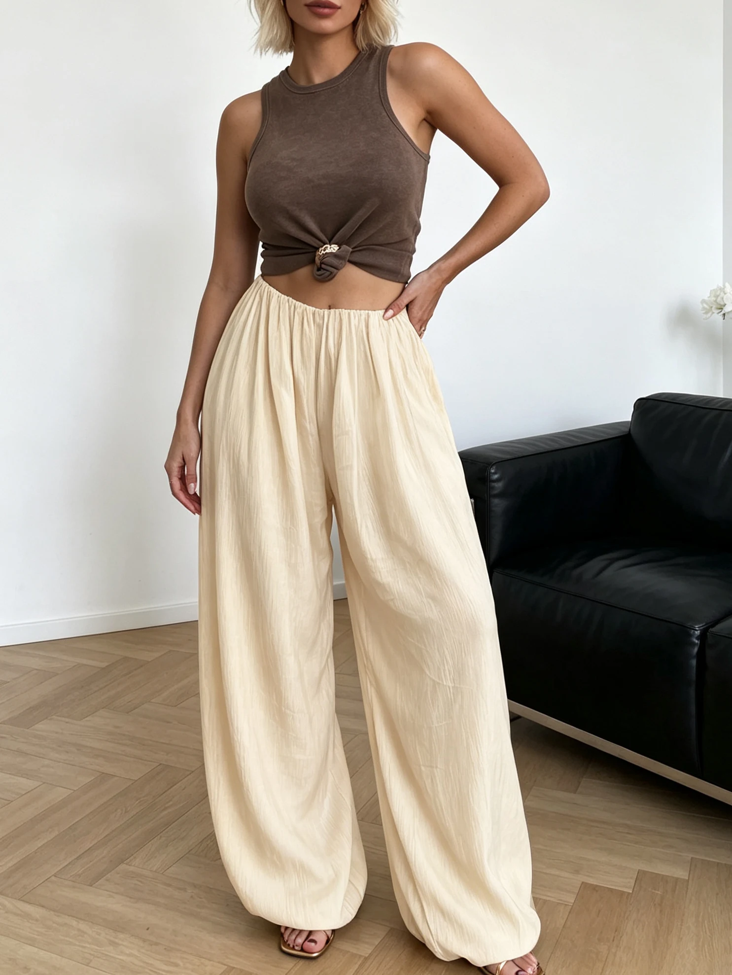 Women's Long Loose Fit Textured Satin Lantern Pants New Fall Solid Color Minimalist Boho Elegant Casual Beach Vacation Outfit