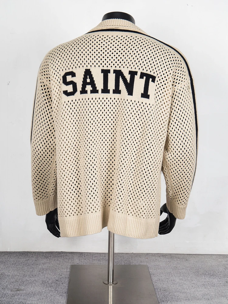 Oversize Männer Frauen Casual Gestreiften Zipper Pullover Schwarz Apricot Mantel Mit Tag Klassische Logo Jacquard Saint Hohl Gestrickte Pullover