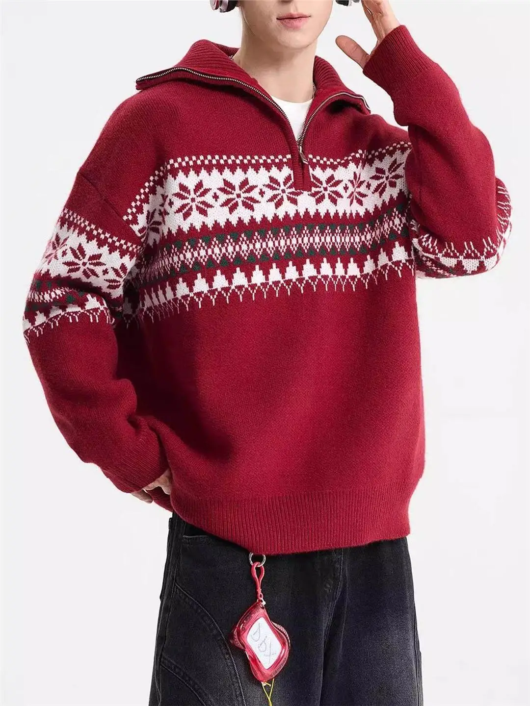 

Американский вязаный свитер с высоким воротником, свободный, теплый, зимний, с узором в стиле Флорида, повседневный, с длинными рукавами