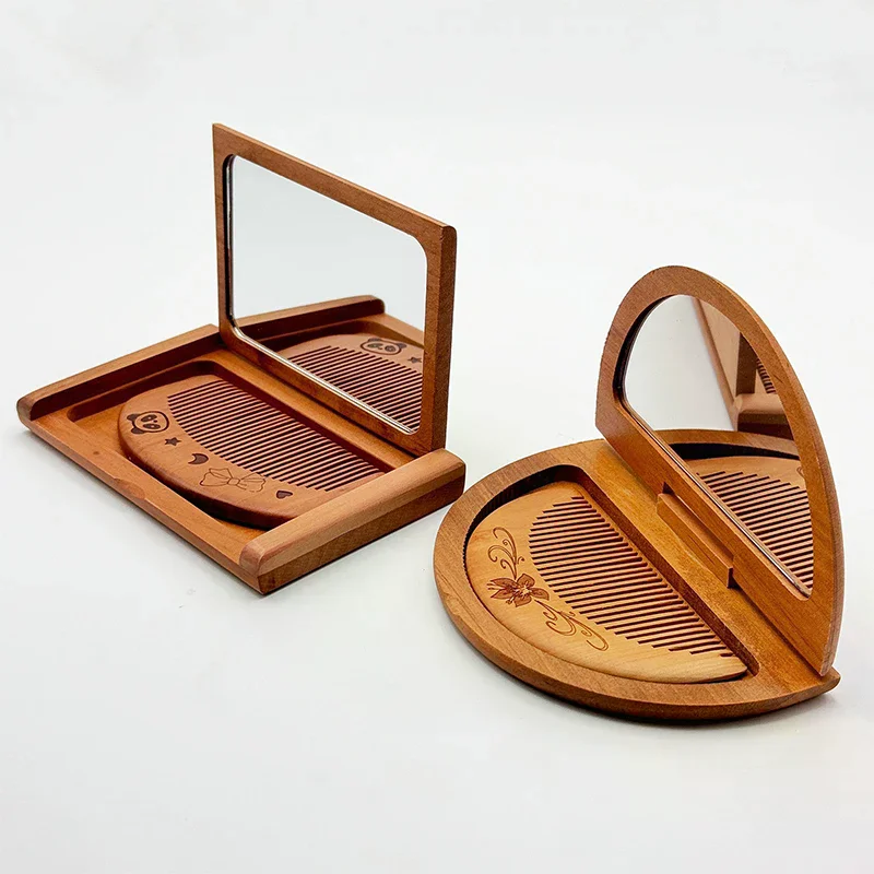 ชุดหวีไม้และกระจก 2-in-1 แบบวินเทจ 1 ชิ้น กระจกแต่งหน้าพกพาแบบพับได้ทรงสี่เหลี่ยมผืนผ้า ทำจากไม้พีช สำหรับเด็กผู้หญิงและสุภาพสตรี