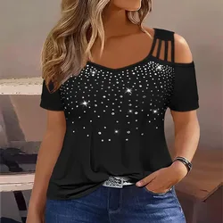 2024 new hot drill off-shoulder large size short sleeve T-shirt women's top