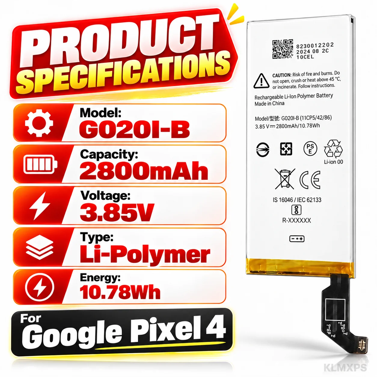 2800mAh G020I-B Lithium Polymer Battery for Google Pixel 4 Mobile Phone Replacement Battery Repair Kit Included