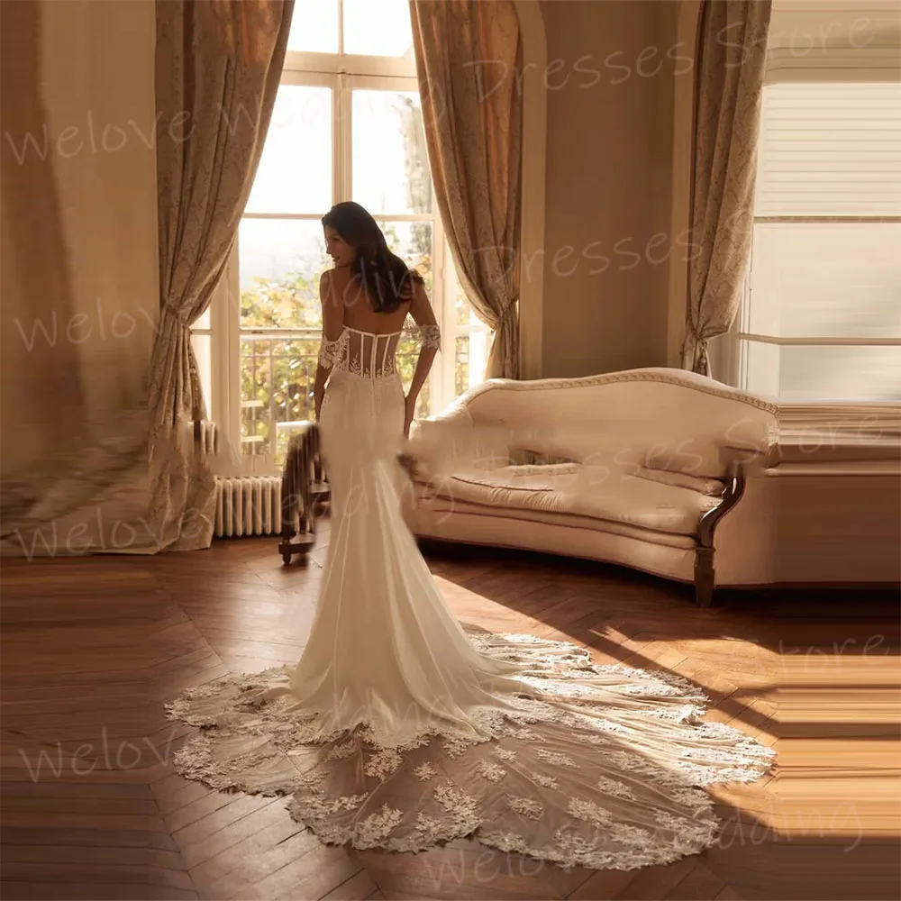 Urocze suknie ślubne damskie w stylu syreny, z odkrytymi ramionami, koronkowymi aplikacjami, Vestido, szyte na miarę suknie dla panny młodej, bez pleców, Vestido De Novia