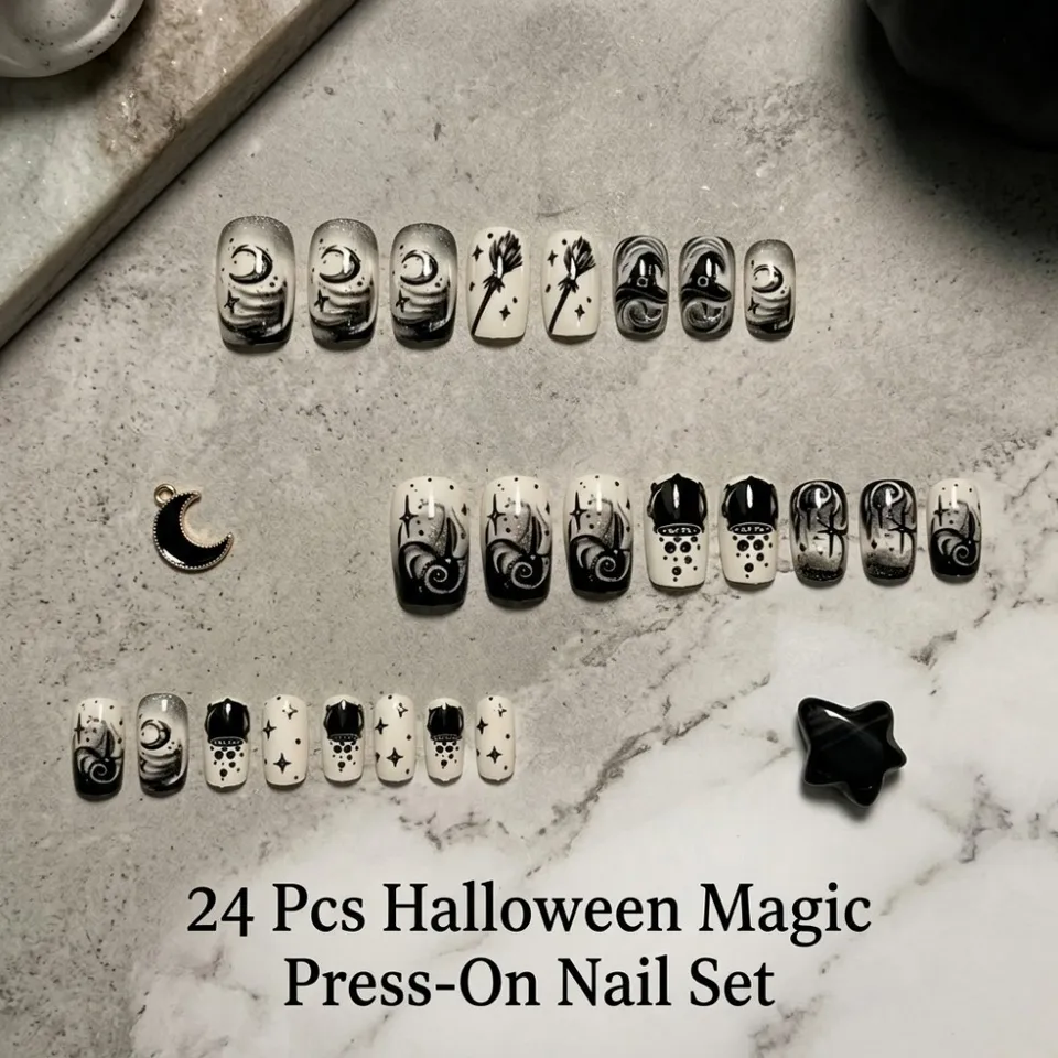 24 Piezas Uñas Presionadas de Halloween con Telarañas Espeluznantes, Rojas y Brillantes, Cuadradas, Tips de Arte de Uñas Góticas para Fiestas, Uñas Acrílicas Falsas 6