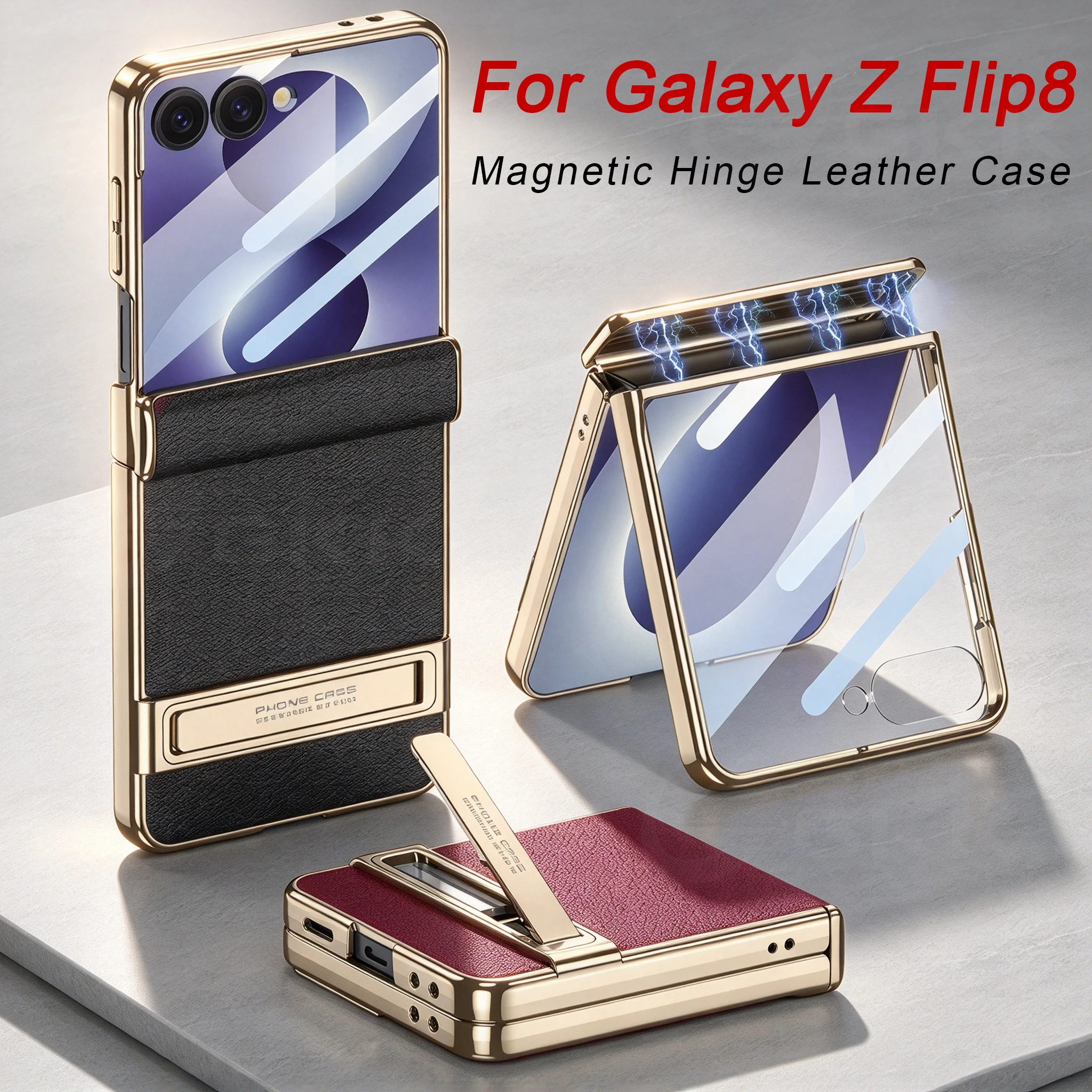 Magnetic Hinge Leather Plating Case for Samsung Galaxy Z Flip 8 7 Screen Glass Protective Plastic Cover For Galaxy Z Flip8 Case