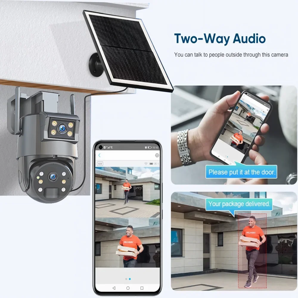 Telecamera per visione notturna con proiettore da 6 MP Telecamera di sicurezza Ptz 4G Scheda SIM Lte solare Alimentata a batteria Telecamera esterna impermeabile con doppio obiettivo