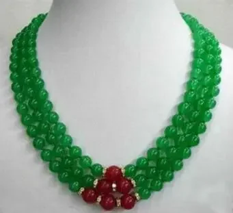 3Rows 8mm Genuine Green Jade & Red Ruby 3 Rows Necklace