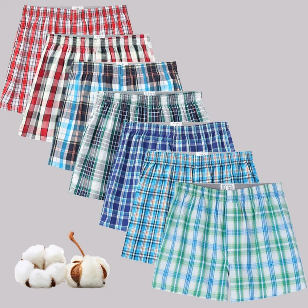 Boxers casuais de algodão xadrez masculino, shorts soltos, calças com setas confortáveis, básicos clássicos, roupas íntimas tecidas, macias