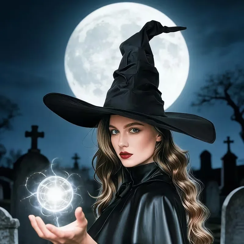 Women's Halloween Black Pleated Mesh Witch Hat Party Wizard Cosplay Costume Prop EU US