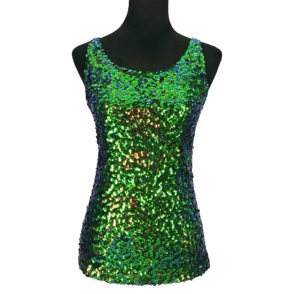 Dance Women Vest Top Shiny Sequin Sleeveless Vest Slim Elastic Sparkling Summer Performance Tank Top