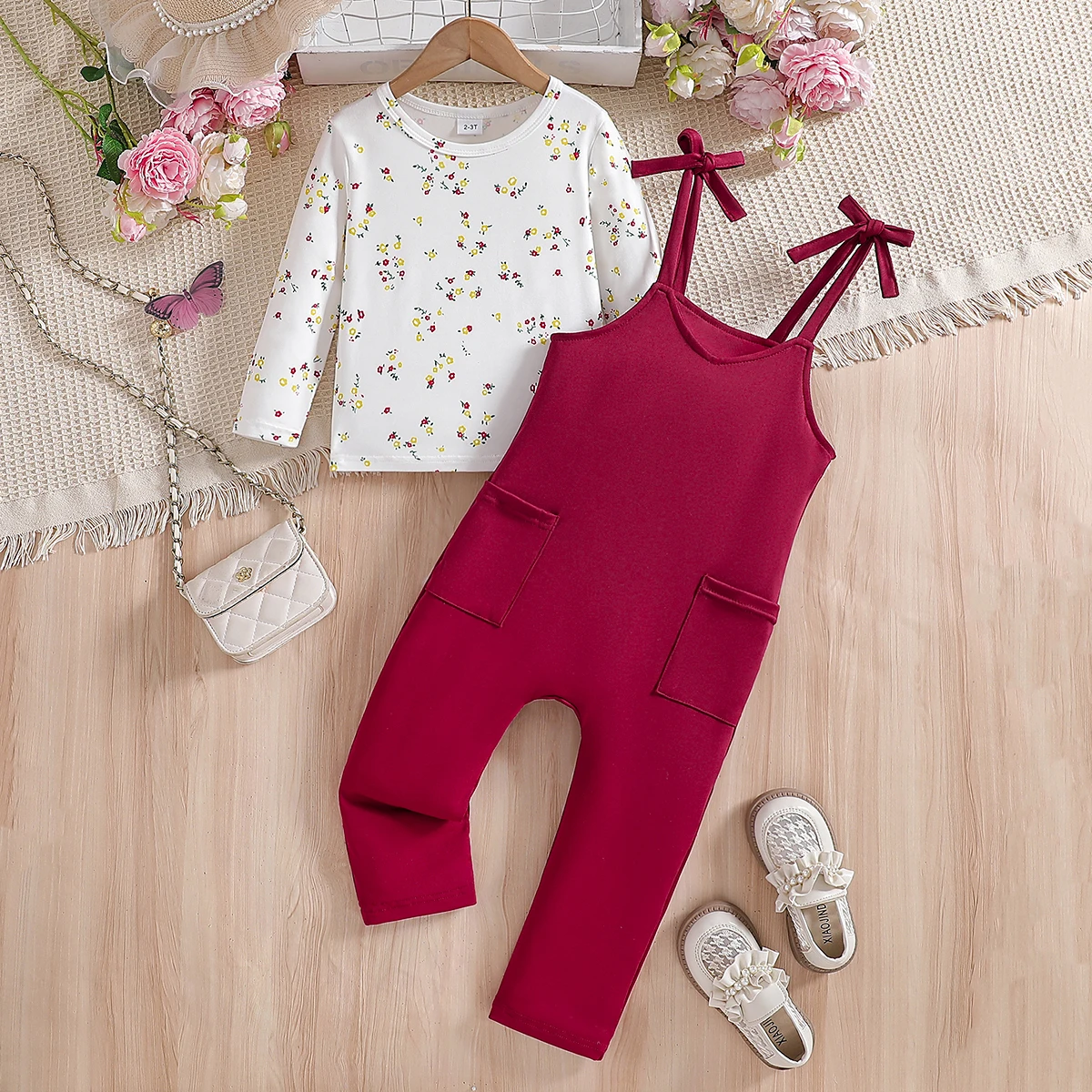 

Детский осенний модный комплект одежды для девочек, топы с длинными рукавами с цветочным принтом + брюки на подтяжках, детская одежда, наряд для детей от 2 до 8 лет