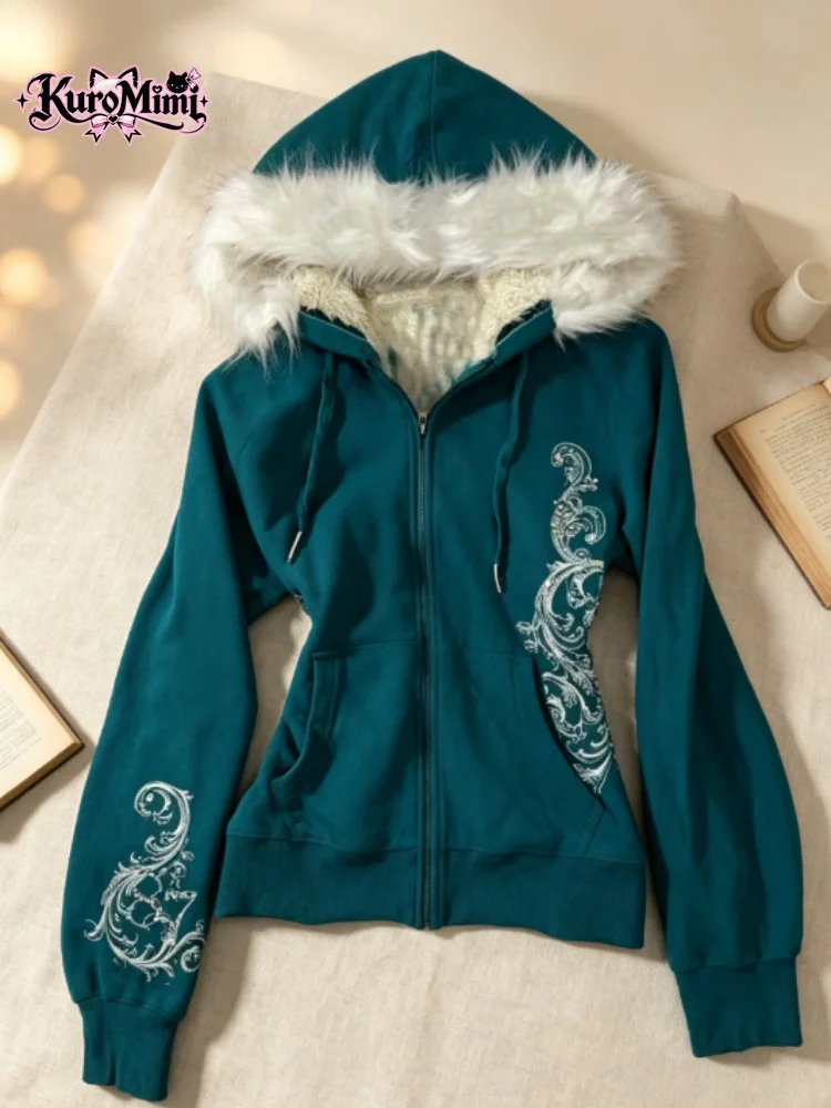 Women Vintage Teal Blue Faux Fur Hooded Zip Up Hoodie Print Embroidery Fleece Lined Warm Winter Sweatshirt Jacket Y2K Streetwear