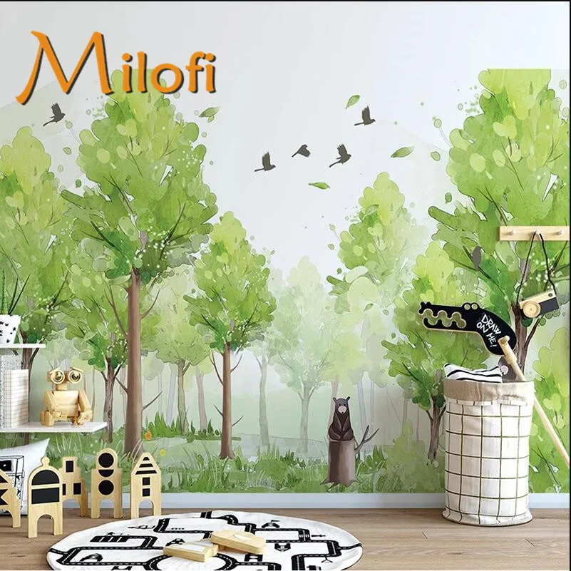 

Milofi customizes modern minimalist wallpapers, pastoral hand painted forest murals, children's room background 3D wallpaper