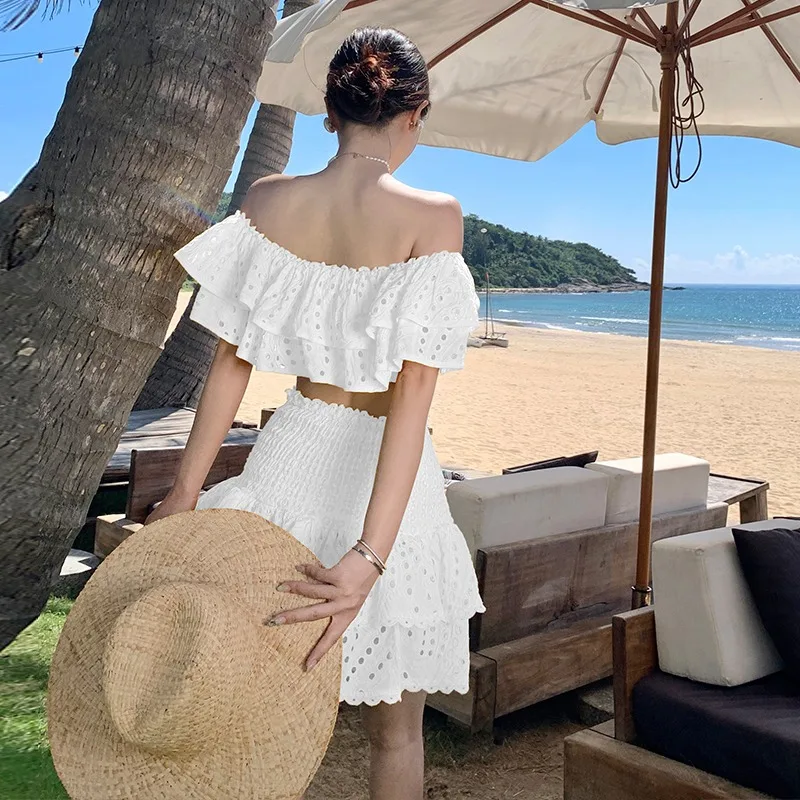 Retro Embroidered Hollow Lotus Leaf Edge One Shoulder Off Shoulder Elastic Top High Waist Puffy Half Skirt Elegant Set