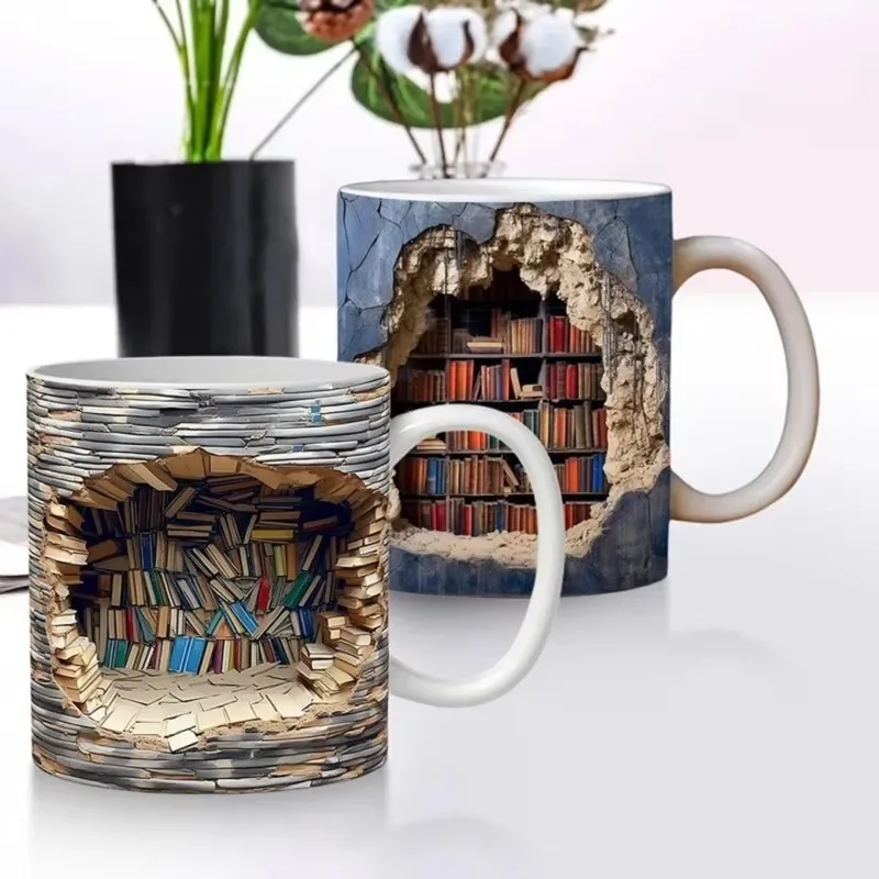 3D Bookshelf Coffee Mug Creative Library Wall Crash Mark Cup Multi-Purpose Ceramic Tea Cup Kitchen Drinkware Home Accessories