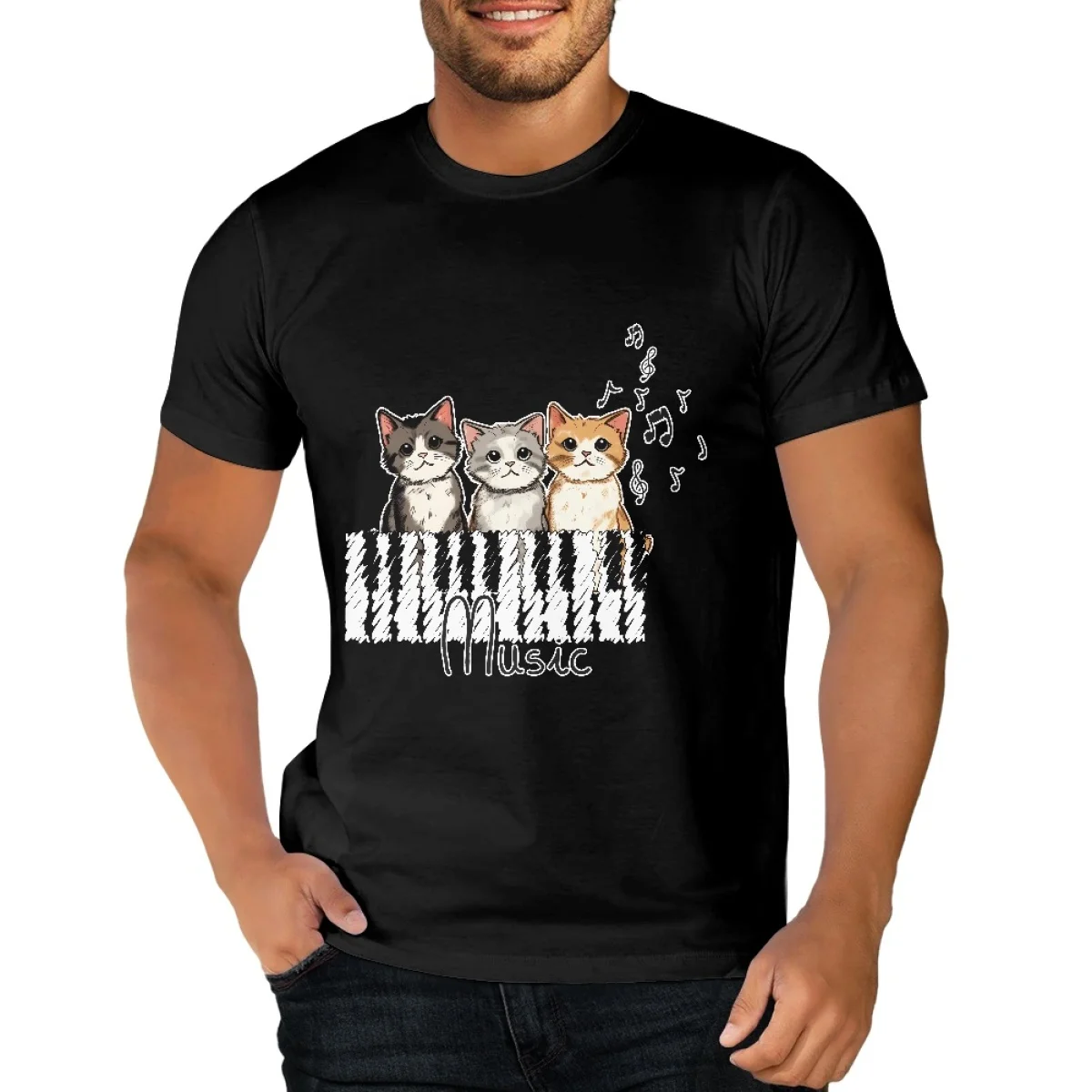 Hycool Musik Cat Print Shirt klassische Rundhals ausschnitt Kurzarm Baumwolle T-Shirts für Männer T-Shirt Top frische klassische Basic T-Shirt