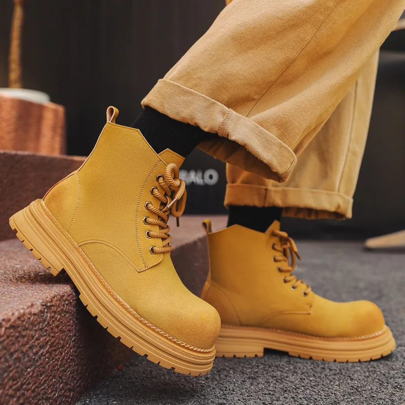 England style men's fashion cow suede leather boots lace-up autumn winter shoes cowboy tooling work boot platform ankle botas