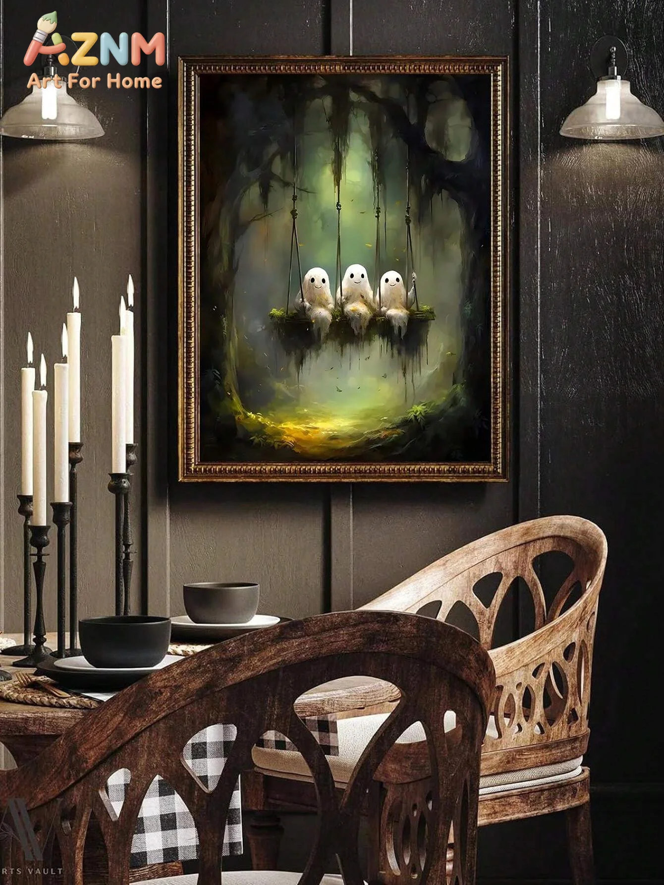 AZNM Cute Hand‑holding Ghost Old Hut Wild Grass Vintage Halloween Canvas Wall Art, Spooky Rustic Frameless Canvas Print Poster f