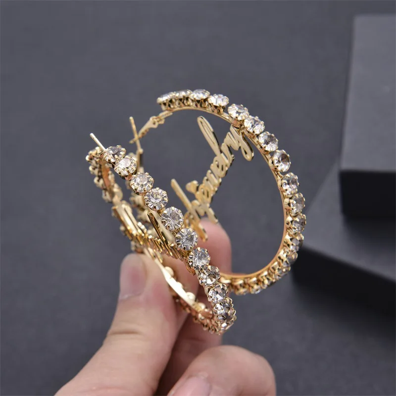 Customized personalized full zircon round ring letter choke ring earrings Customized name stainless steel earrings Women's jewel