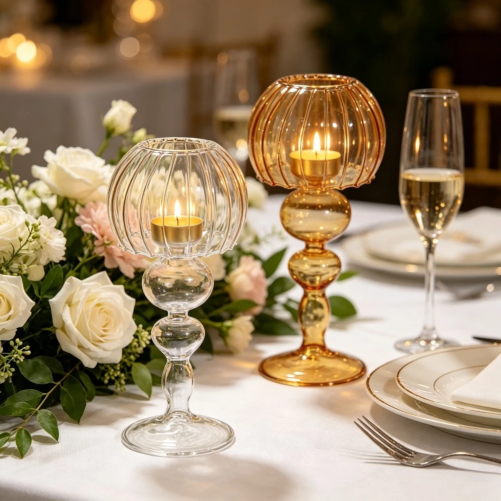 Elegant Bubble Stem Glass Candle Holder Vertical Ribbed Pumpkin Lampshade Tealight Candlestick for Romantic Table Decor