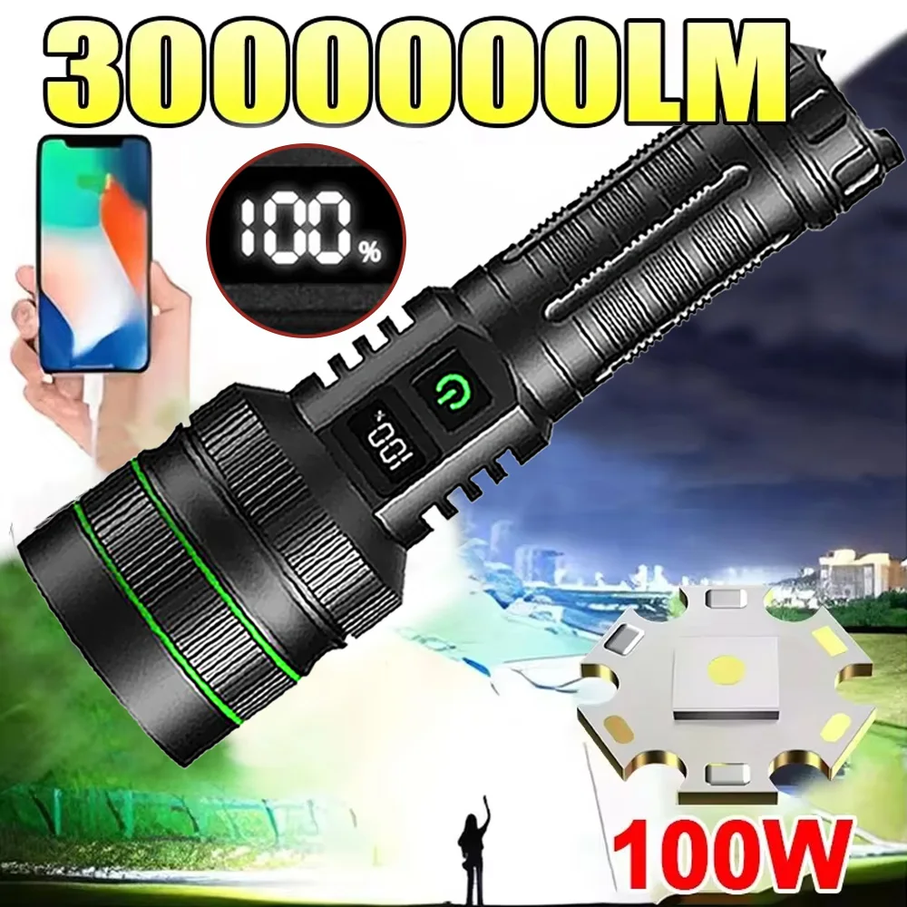 Powerful Spotlight 1000W Long Range LED Flashlight Type-C Charging Output Zoom Aluminum Alloy Handlamp For Camping