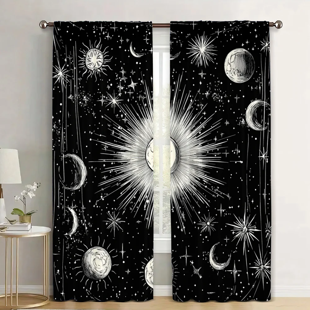 2Pcs Sun And Moon Printed Curtains Boho Exotic Decor Curtains For Bedroom Living Room Bohemian Tribal Black Window