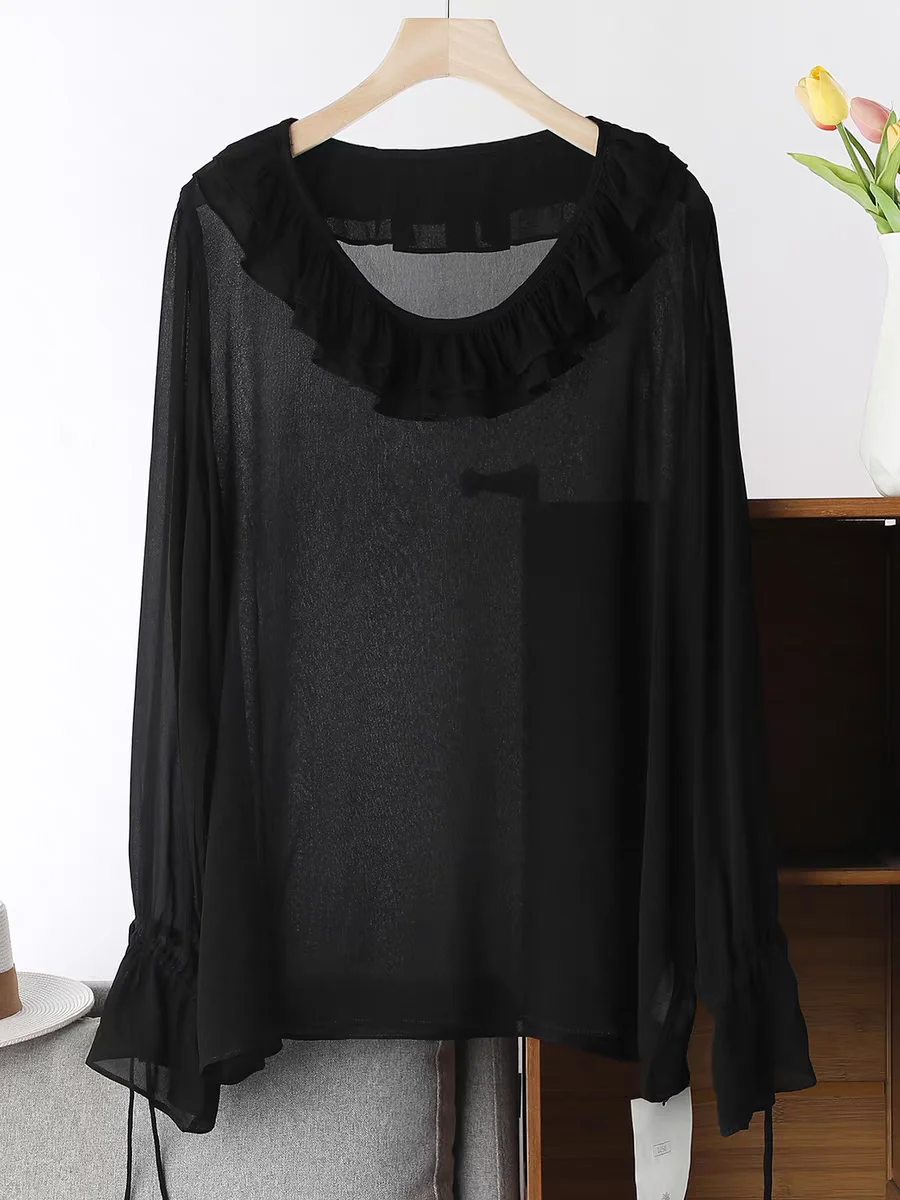 Blusa Elegante de Gasa para Mujer, Tallas Grandes, Blanca, Manga Larga Abullonada, con Volantes, Holgada, Moda Primavera, Camisa Casual 5XL 6XL