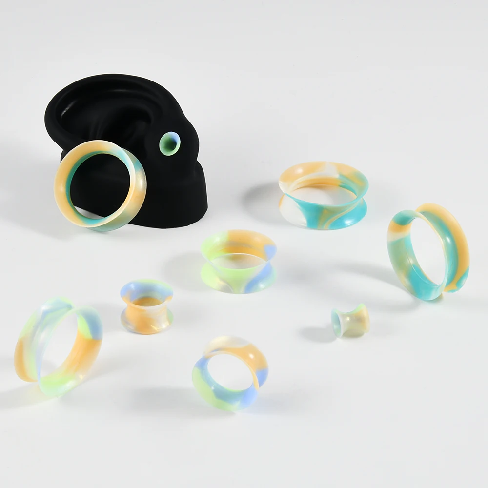 14PCS/lot Silicone Flexible Ear Tunnels Gauges Plugs Colorful Stretchers Expander Double Flared Flesh Tunnels Ear Piercing