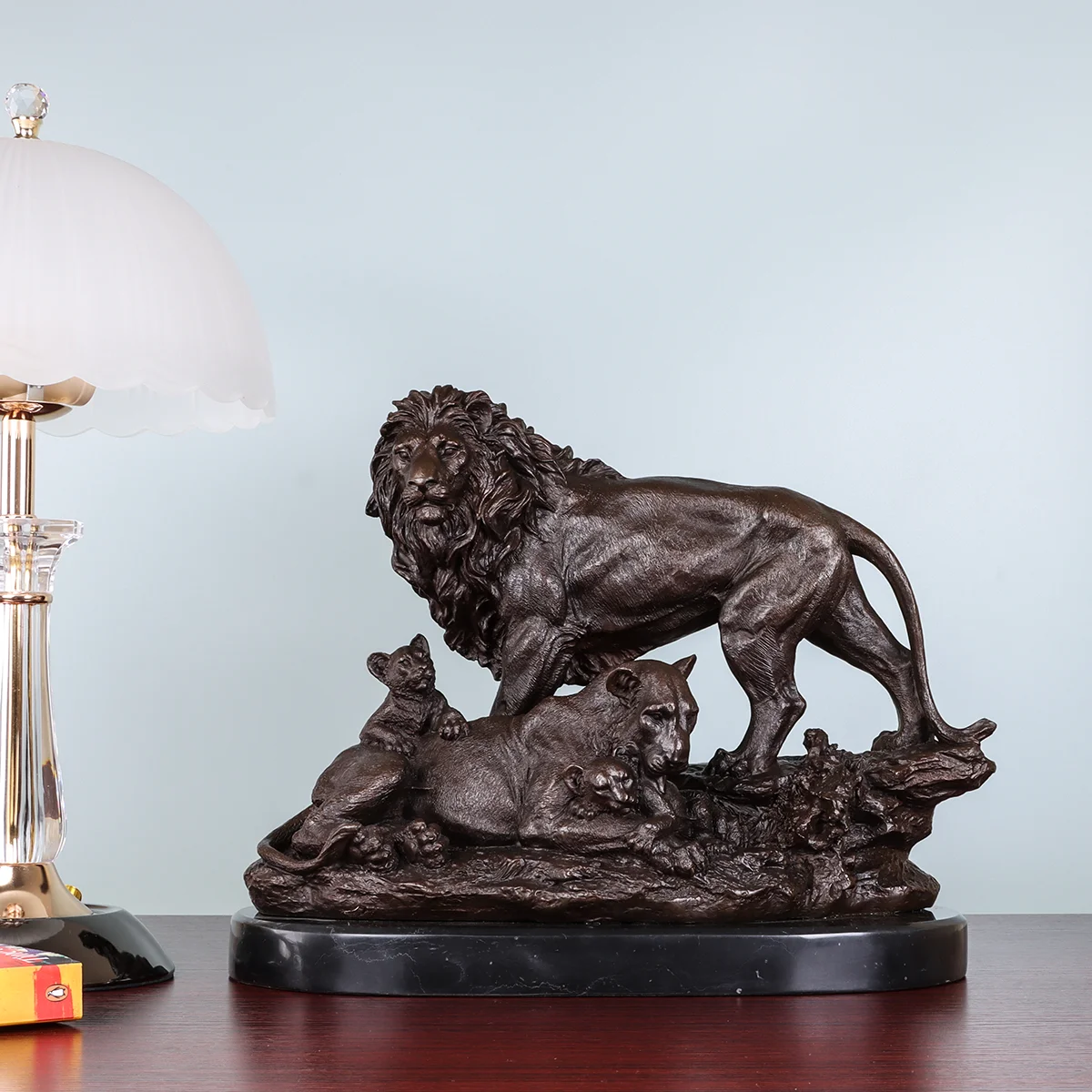 Lion Family Real Bronze Statue Love Wild Animal Sculpture Wildlife Art Home Office Table Decoration Gift Large