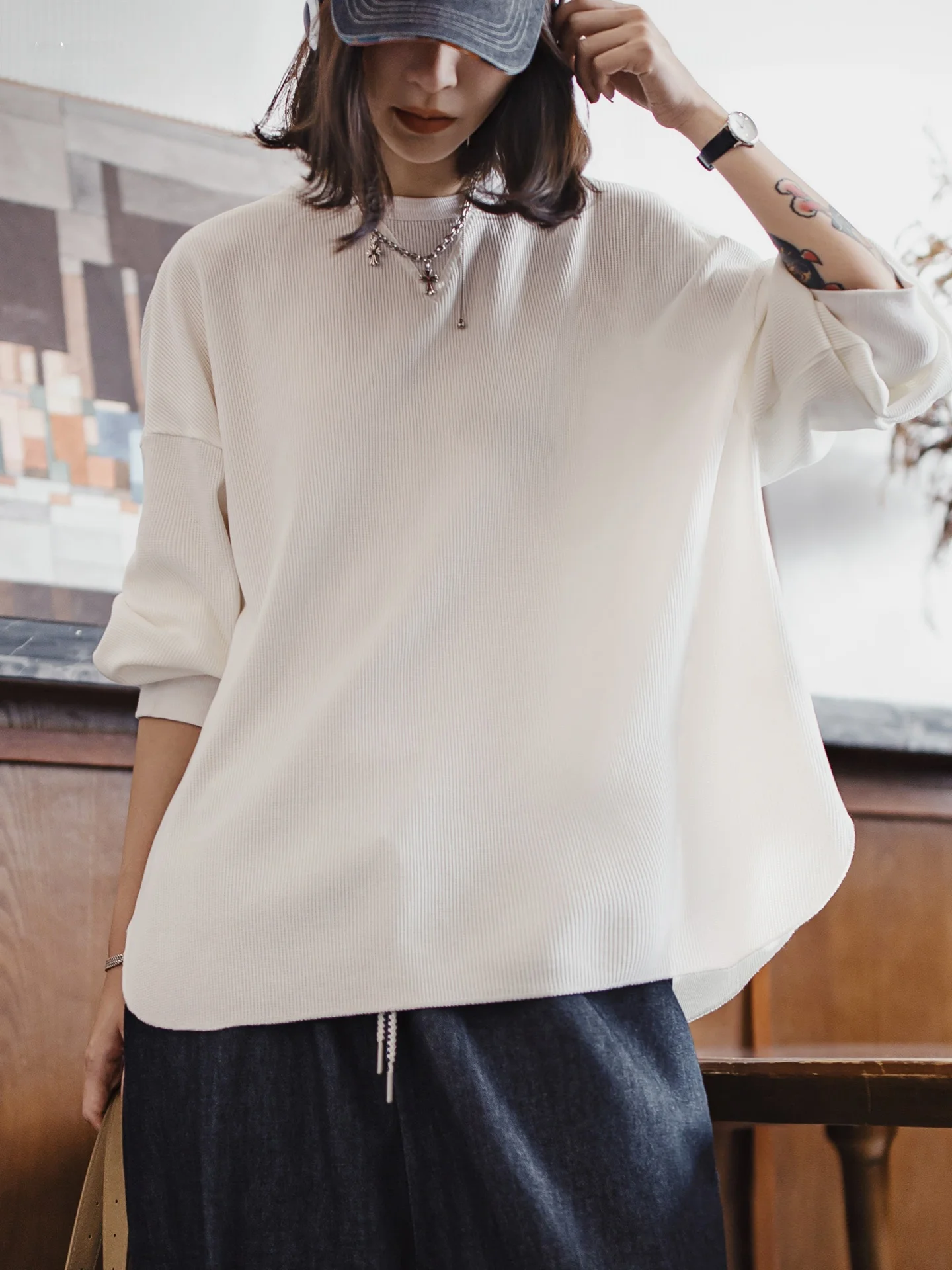 

Maden White Wfle Свободный крой Верхний свитшот круглый Ne Long Sve Футболка Генри Топ Женский Ранняя осень Повседневный Sle C...