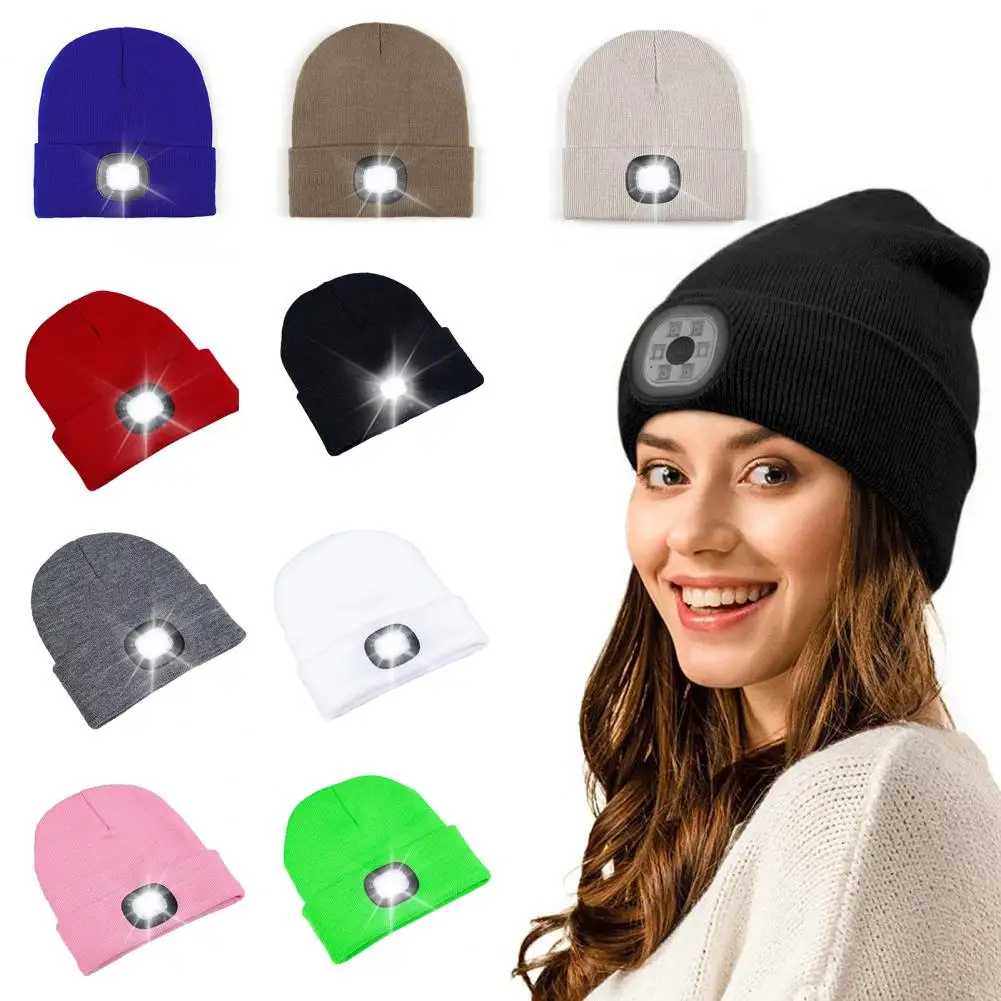 LED Light Knitted Hat Warm Elastic Beanie USB Rechargeable Unisex Headlight Solid Color Led Flashlight Fishing Camping Night Hat