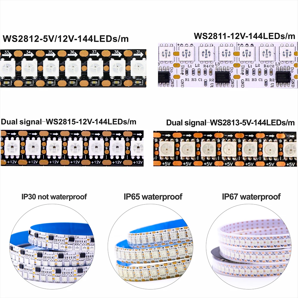 1-3M WS2812B WS2815 WS2813 144 pixels/leds/m Led Strip Addressable IC Smart 5050 RGB led Strip light IP30/IP65/IP67 DC5V/12V