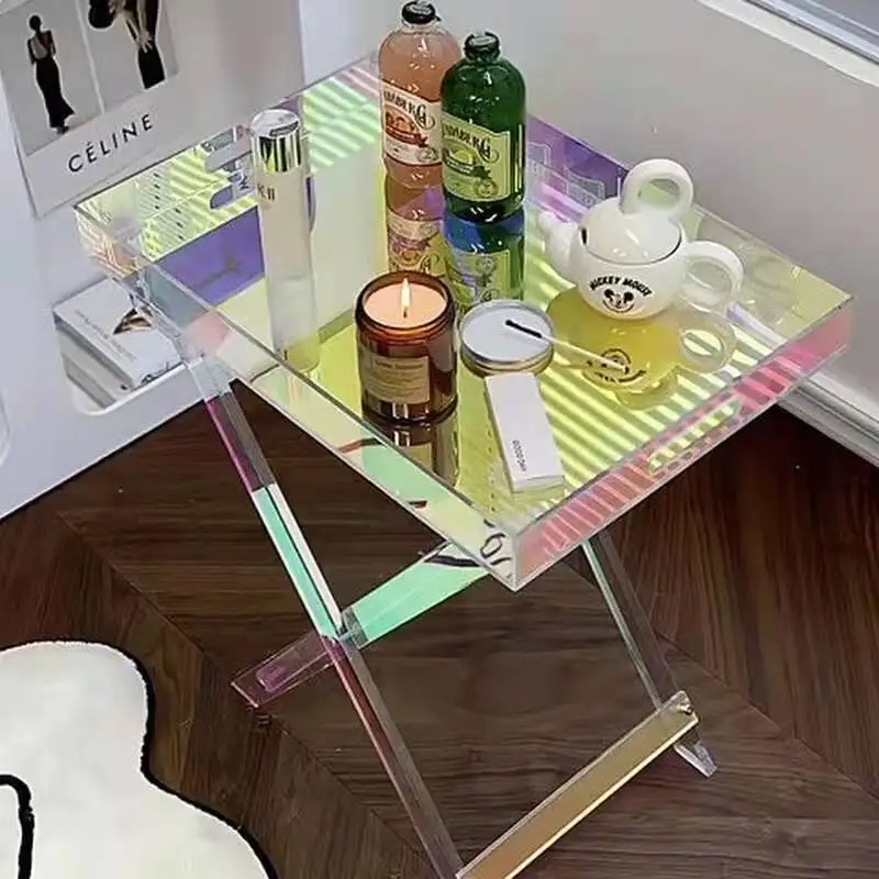 Iridescent folding Transparent Acrylic Table Rotatabl Square Balcony Afternoon Tea Table Bedside Storage Organizer Coffee Tables