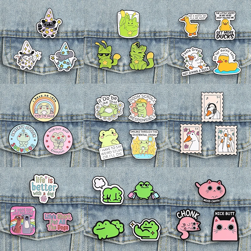 2-4pcs/set Cartoon Badges Cat Frog Dog Enamel Pins Shark Bottle Witch Alien Kitten Rat Duck Goose Brooch Accessory Decor Gift