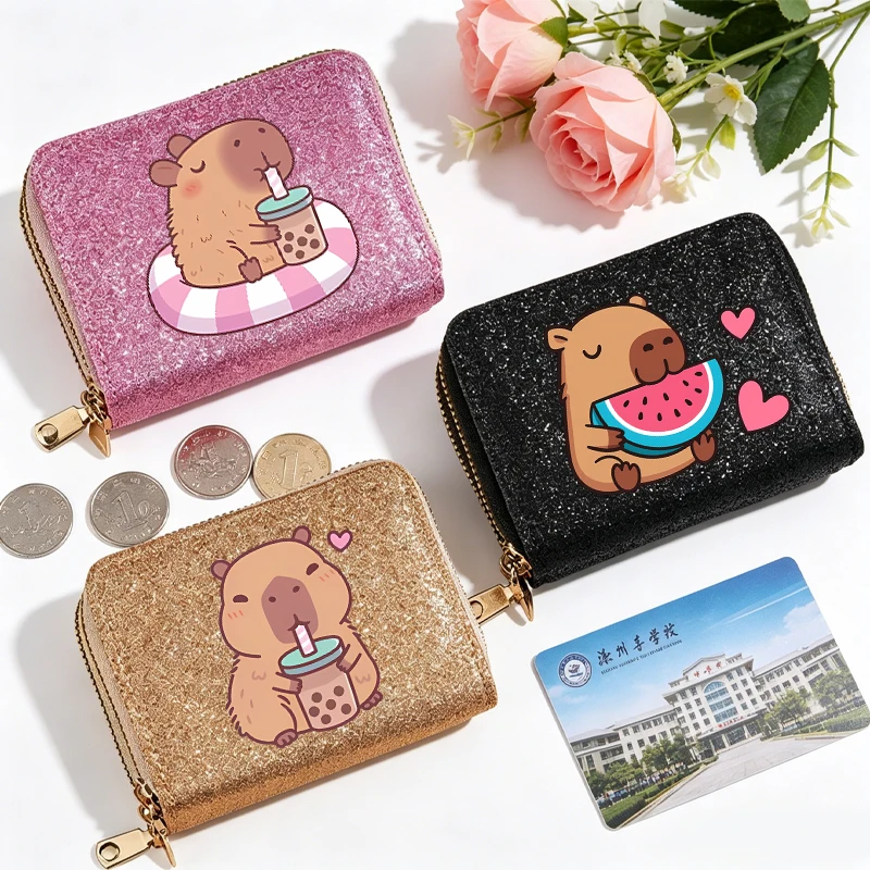 Portefeuilles Capibara élégants pour femmes, imprimés de dessins animés, sacs à monnaie tendance, porte-cartes de crédit portable pour les trajets quotidiens, cadeaux