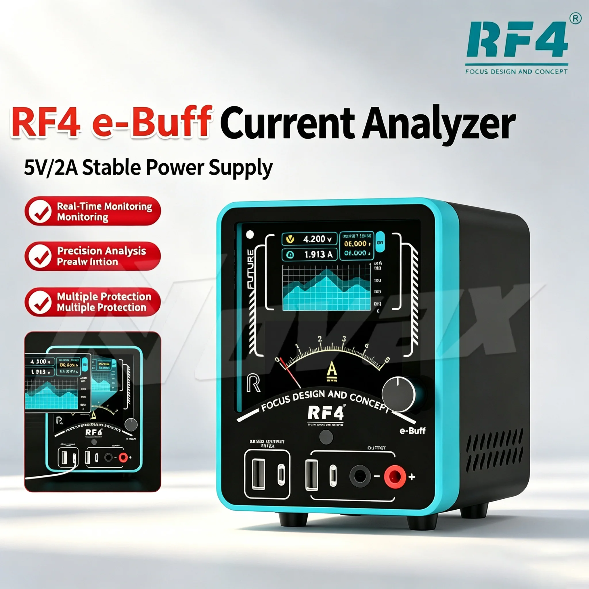 RF4 E-Buff current analyzer, dual screen waveform ammeter for mobile phone maintenance, current short circuit fault detector