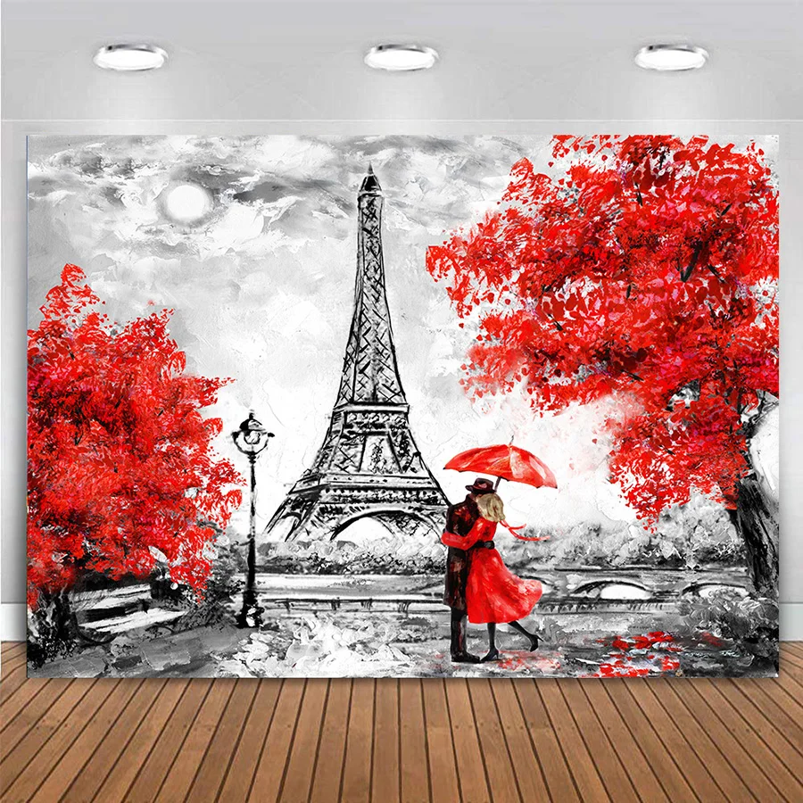 Red Pink Paris Eiffel Tower Backdrop Wedding Birthday Banner Party Decoration Poster Valentine's Day for Girls Bridal Shower