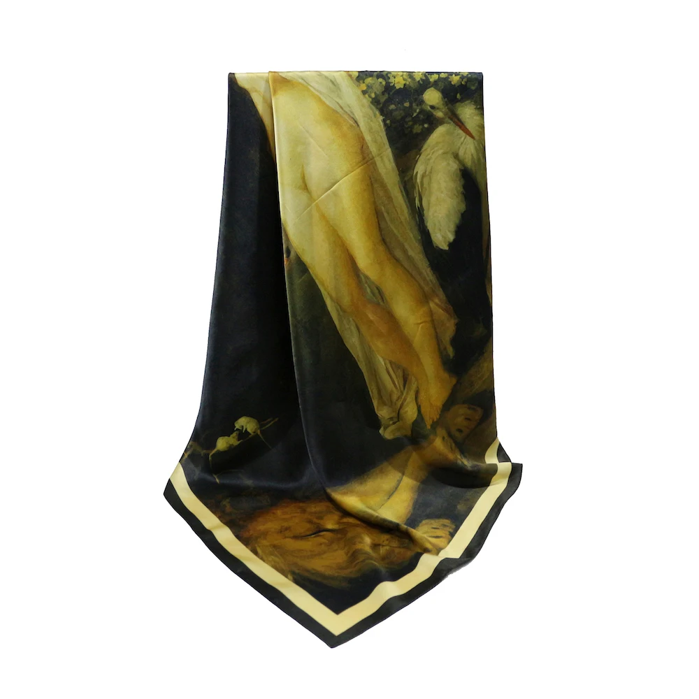 CISULI Silk Square Scarf 100% Mulberry Silk Satin Scarf 90cm Square Floral Printed Green Color Spring Summer