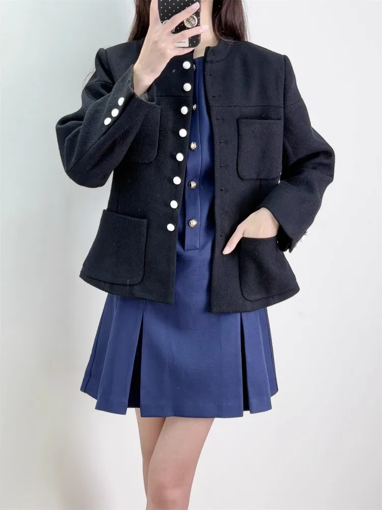 Office Dames Elegante Stand Kraag Tweed Jas Enkele Breasted Zakken Nieuwe Herfst Slim Fit Zwarte Jas Damesmode Bovenkleding